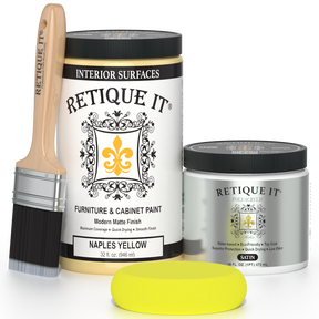 Retique It® furniture and cabinet paint in Naples Yellow, quart size, showing a close-up of the vibrant yellow paint container.