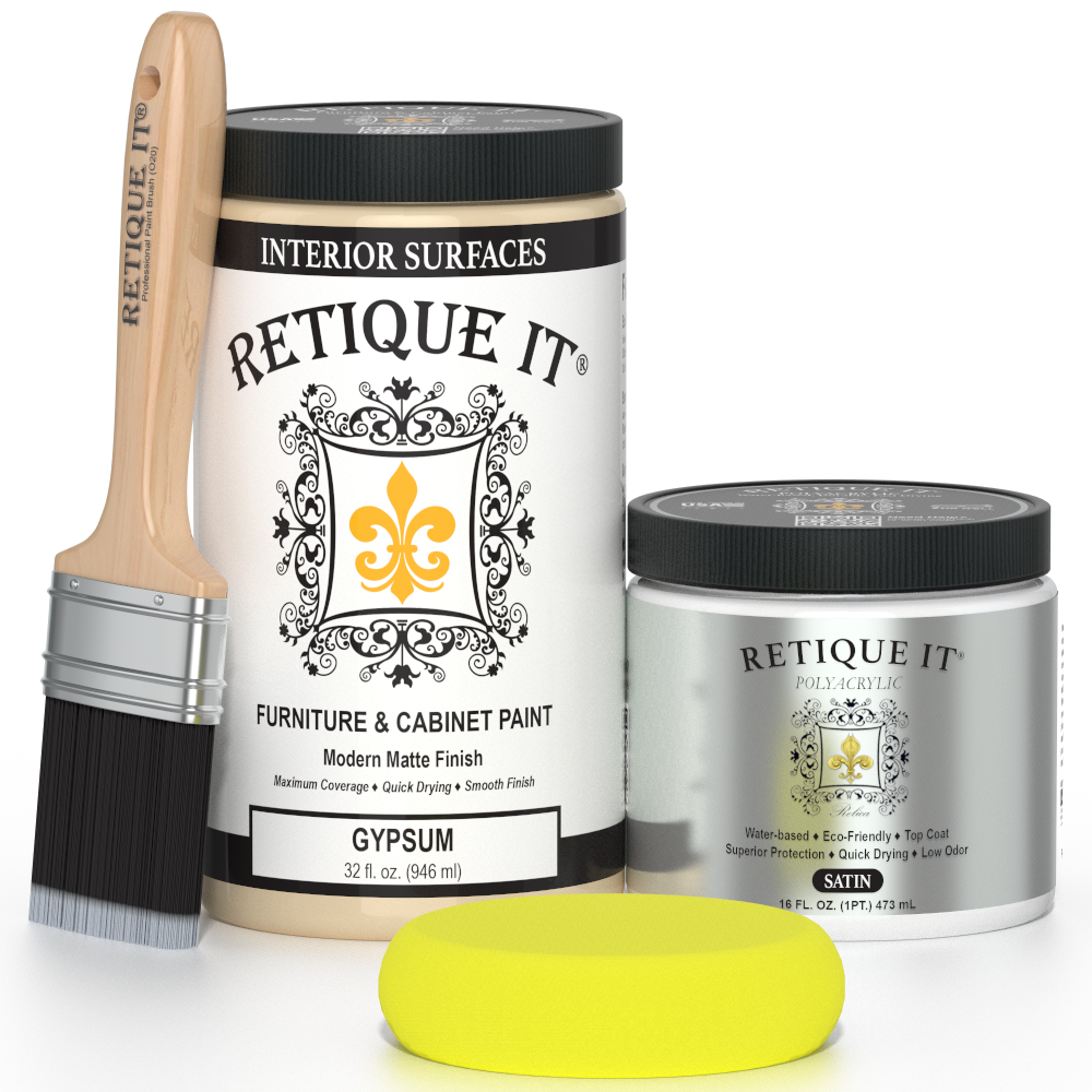 Retique It® furniture and cabinet paint in a quart container, suitable for gypsum surfaces, with a smooth, even finish.