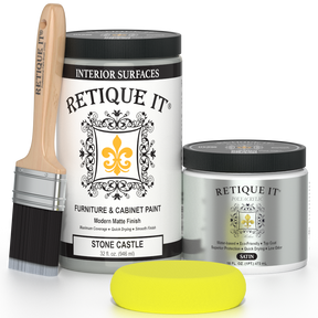 Retique It® furniture and cabinet paint in Stone Castle quart, showing a close-up of the smooth painted surface on furniture.