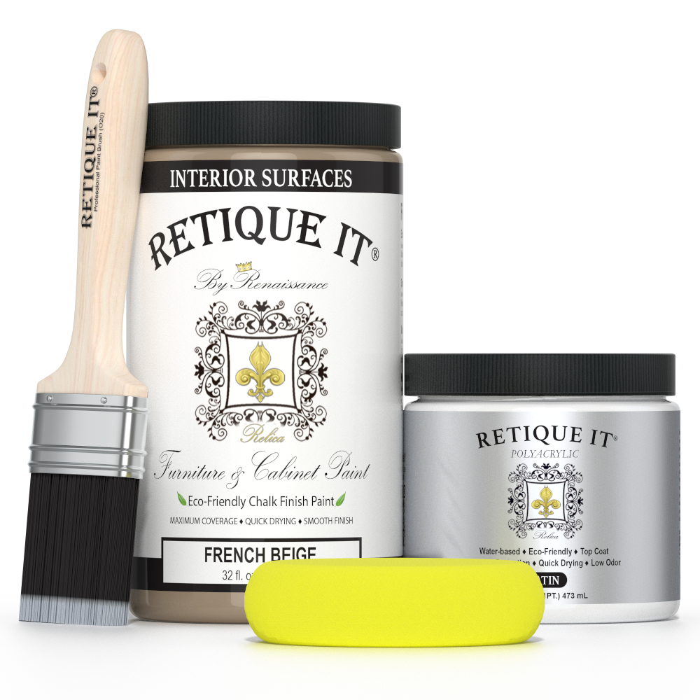 Retique It French Beige furniture and cabinet paint in a quart container, showing a smooth, beige painted surface.
