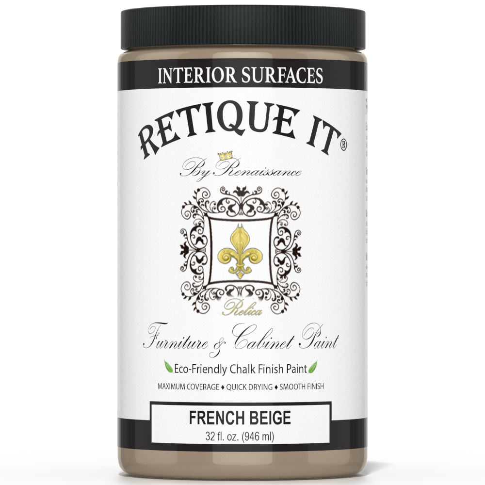 Retique It® furniture and cabinet paint in French Beige, quart size, shown on a painted wooden cabinet with a smooth finish.