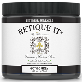 Retique It® Gothic Grey furniture and cabinet paint in a quart, showing the smooth paint finish on a wooden surface.