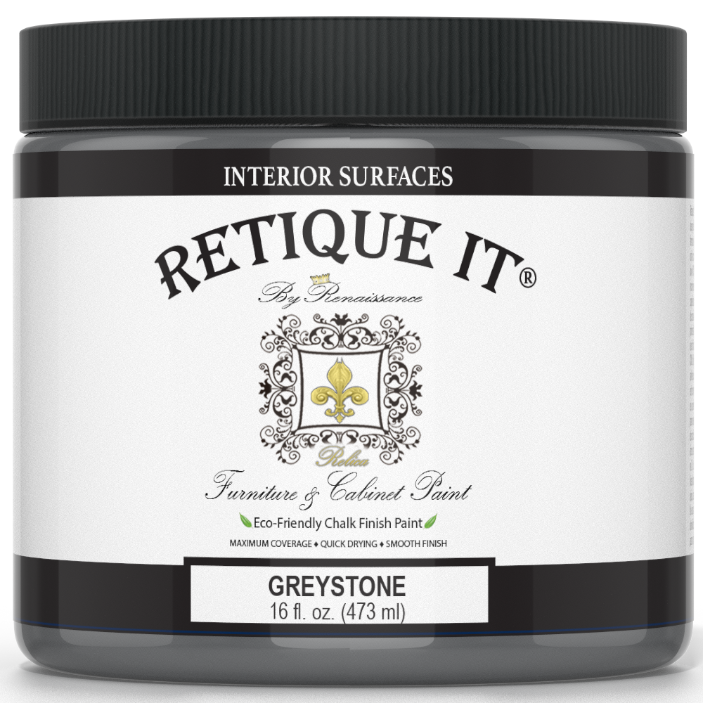 Retique It® furniture and cabinet paint in quart size, Greystone color, showcasing smooth application on wood surfaces.
