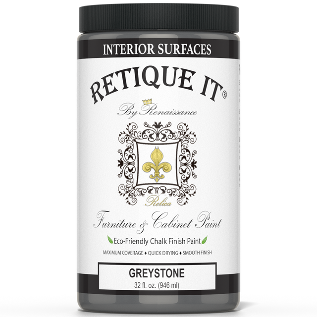 Retique It Greystone furniture and cabinet paint in a smooth, neutral gray color, displayed on a sample surface.