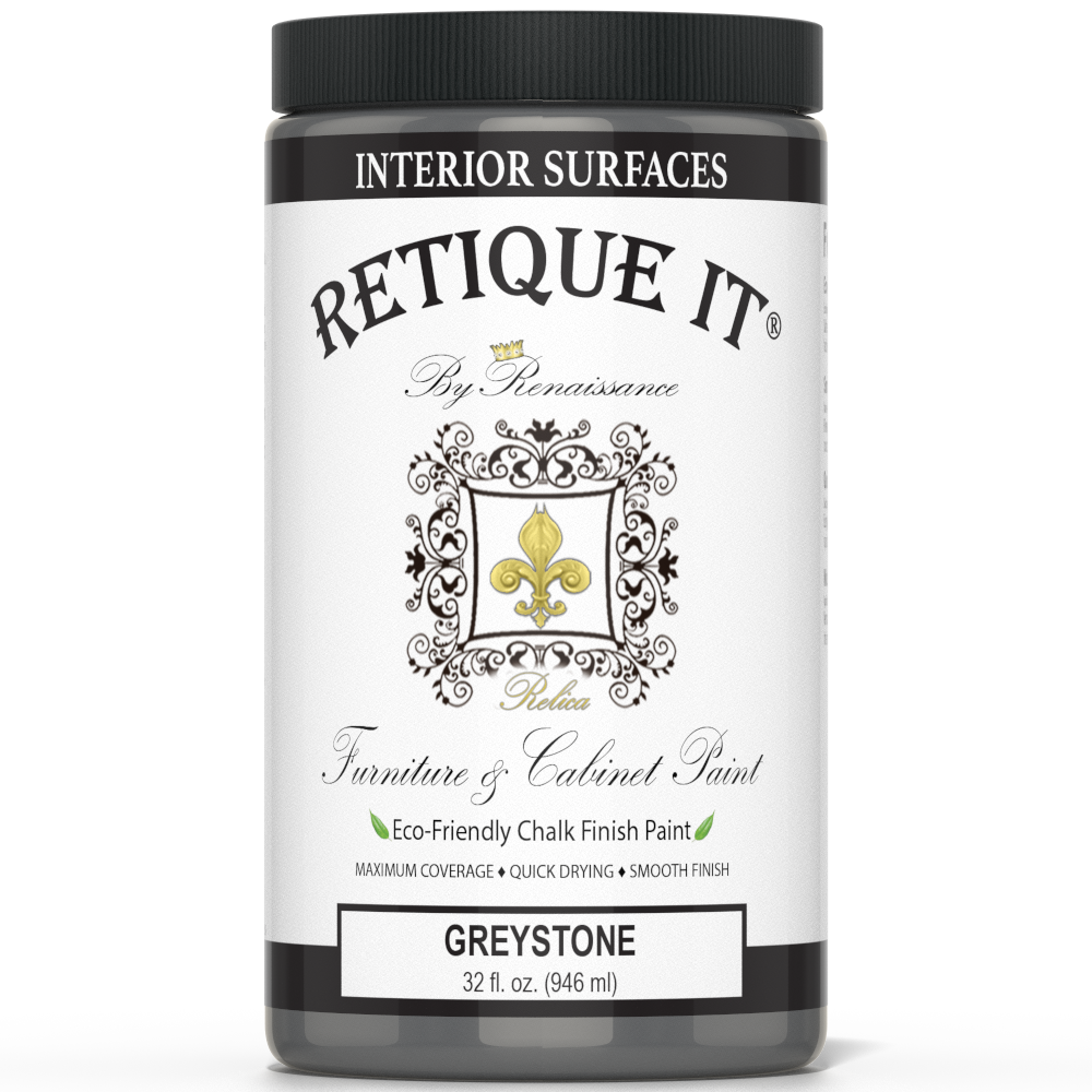 Retique It® furniture and cabinet paint quart in Greystone, showing a can of paint with a paintbrush and painted furniture sample.
