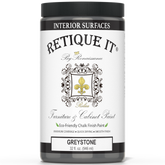 Retique It® furniture and cabinet paint quart in Greystone, showing a can of paint with a paintbrush and painted furniture sample.