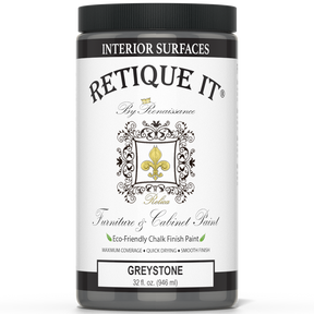 Retique It® furniture and cabinet paint quart in Greystone, showing a can of paint with a paintbrush and painted furniture sample.