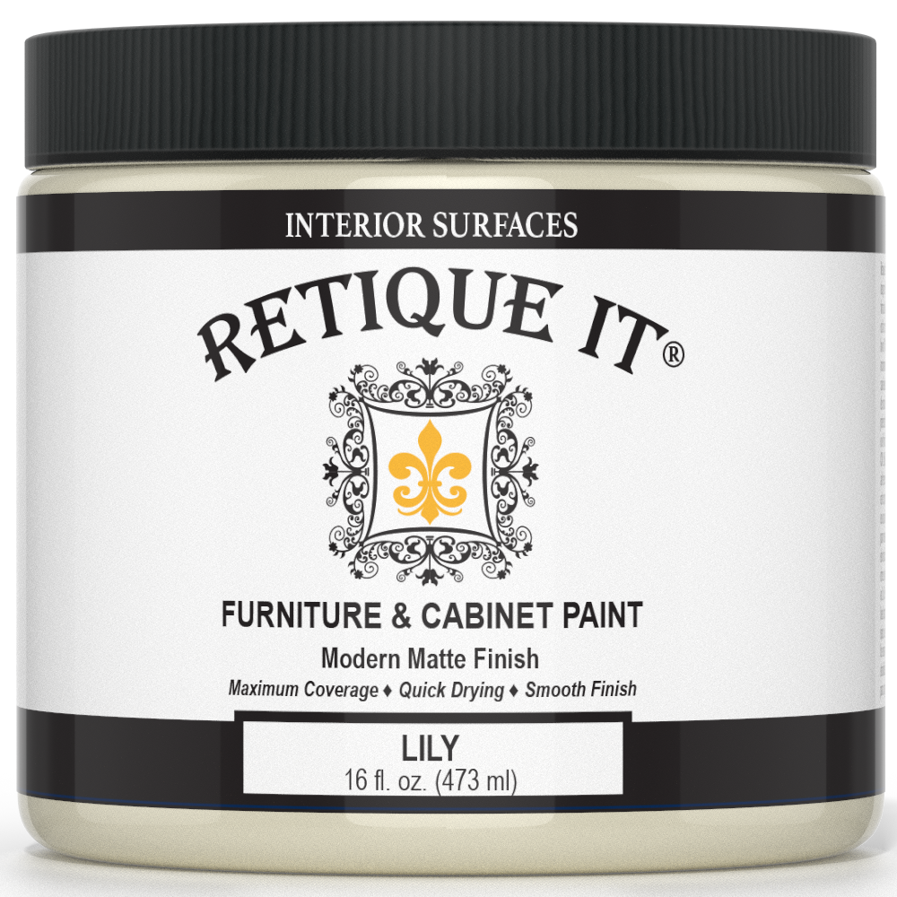 Retique It® furniture and cabinet paint quart in Lily color, showing a close-up of smooth painted wood surface and finish.