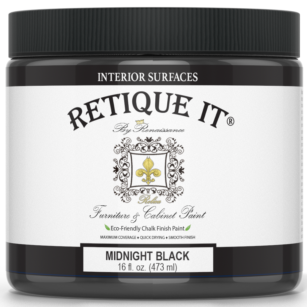 Retique It® furniture and cabinet paint in quart, Midnight Black, showing a smooth, glossy black paint finish on furniture.