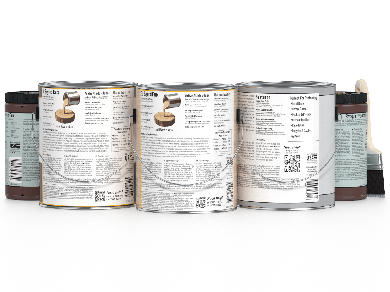 Retique It® Wood'n Finish Kit Java exterior top coat with four large wood finish bottles in a natural wood tone.