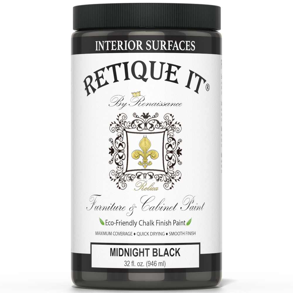 Retique It® furniture and cabinet paint in quart size, Midnight Black, showing a smooth, freshly painted cabinet surface.
