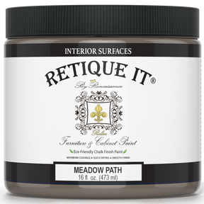 Jar of Retique It furniture paint in Meadow Path color with black lid and label.