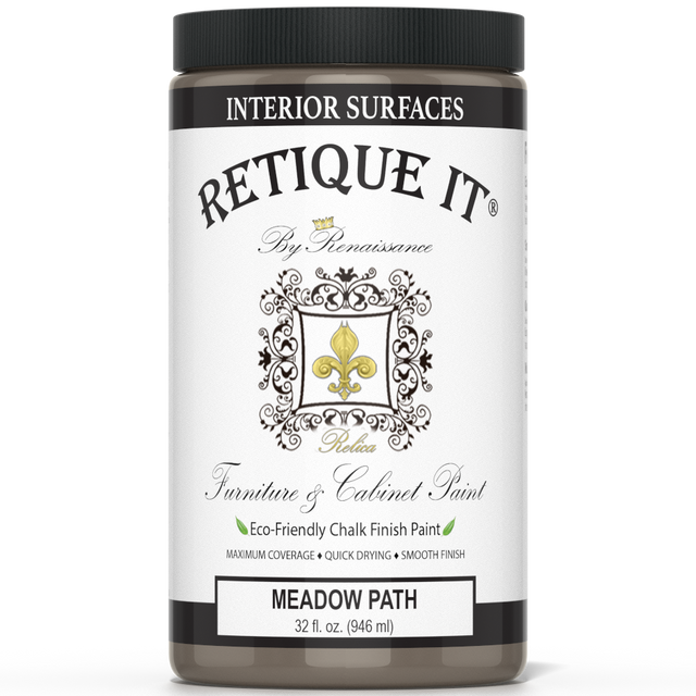 Retique It Meadow Path furniture and cabinet paint swatch showing soft, earthy green color on wood surface.