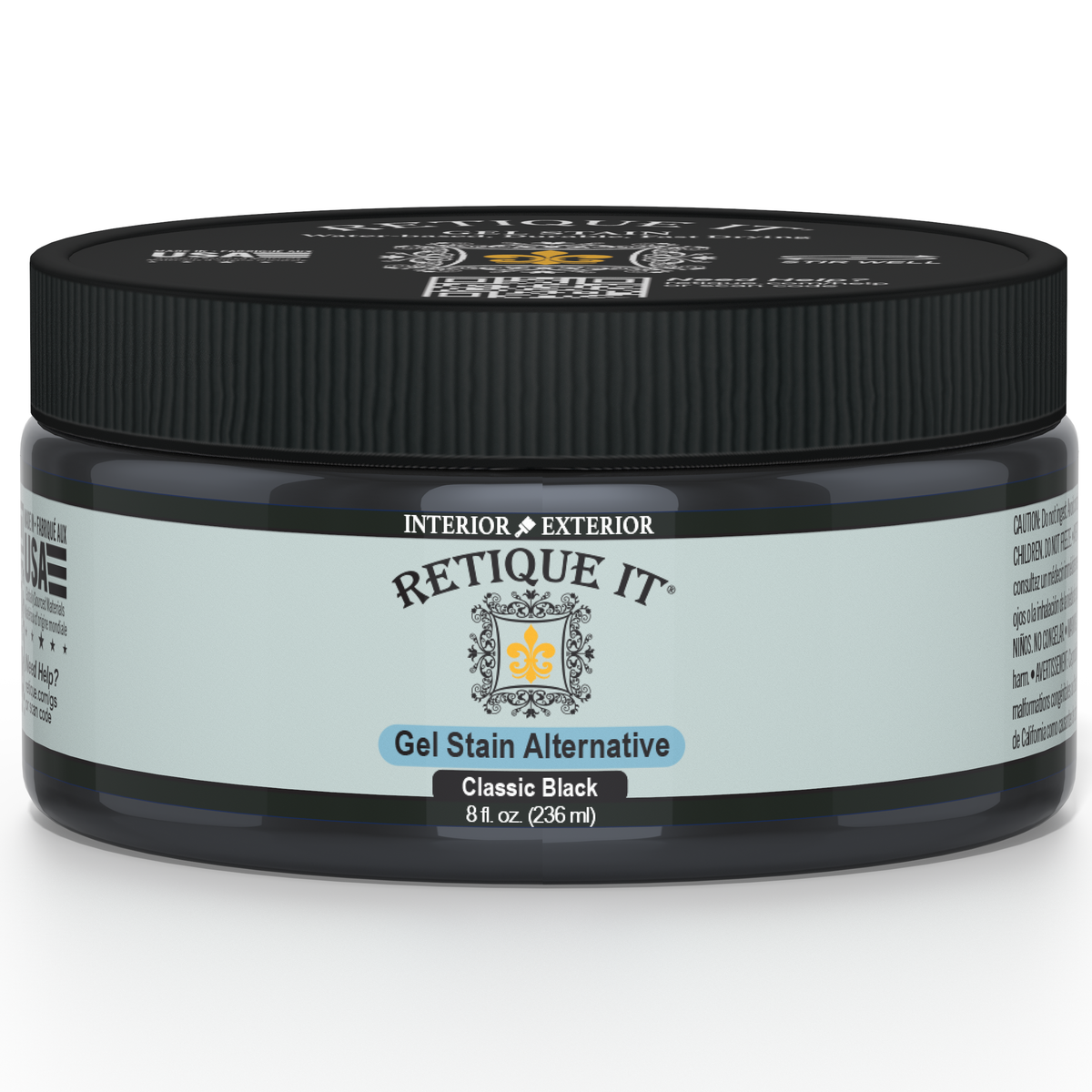 Retique It Classic Black gel stain applied on wood surface, showcasing deep black color and smooth finish.