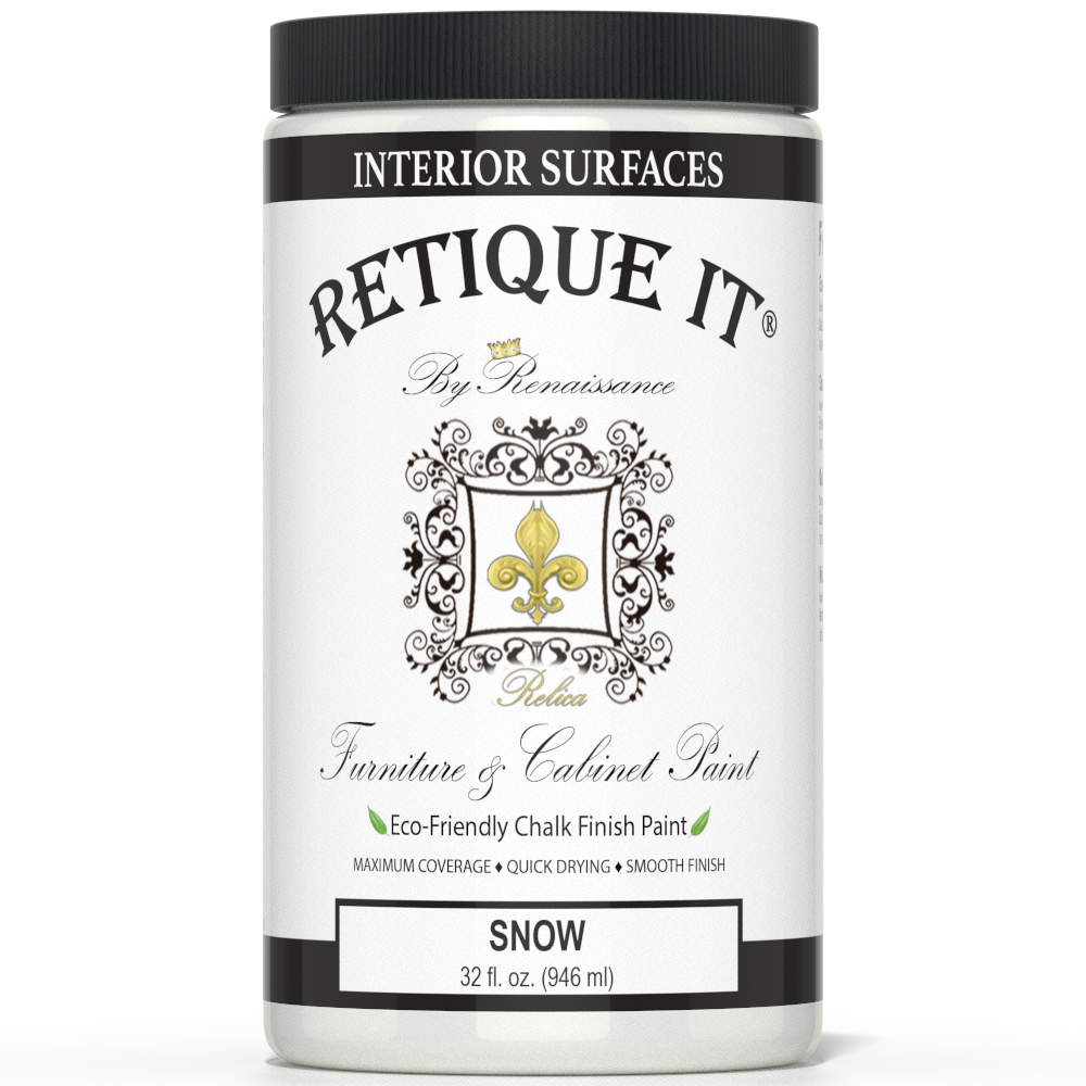 Retique It® Furniture & Cabinet Paint in quart size, Snow color, showing smooth, even application on a wooden surface.