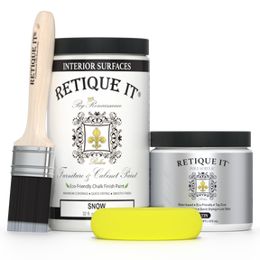 Retique It® furniture and cabinet paint in quart size, Snow color, showing a smooth, freshly painted cabinet surface.