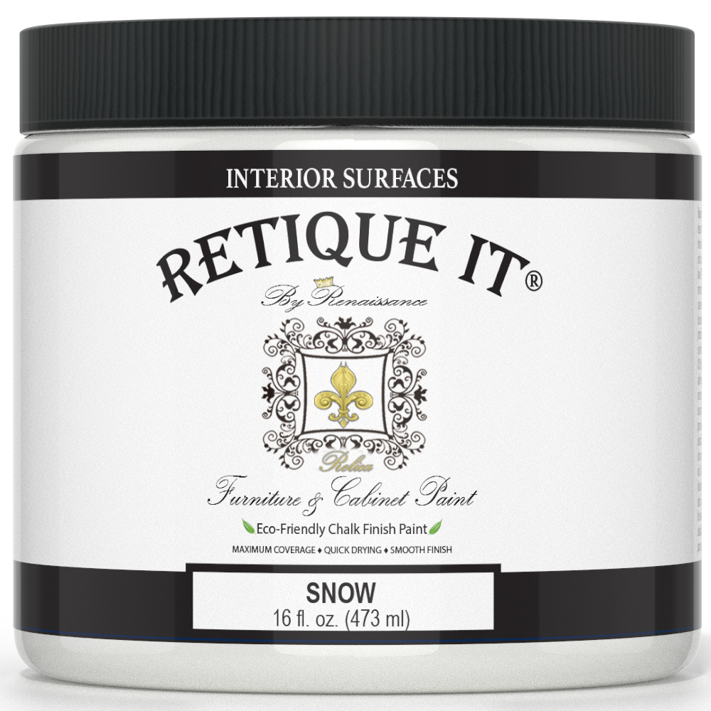 Retique It® furniture and cabinet paint in quart size, Snow color, with a smooth, freshly painted cabinet surface.