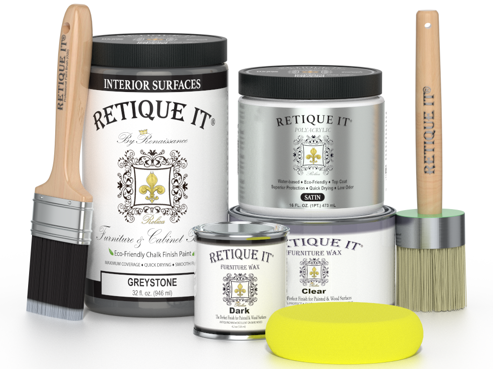 Retique It® furniture and cabinet paint in Greystone, quart size, showing a smooth painted wooden surface.