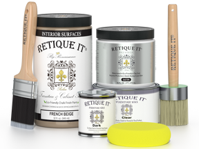 Retique It® furniture and cabinet paint in French Beige, shown in a quart container with painted wood furniture.