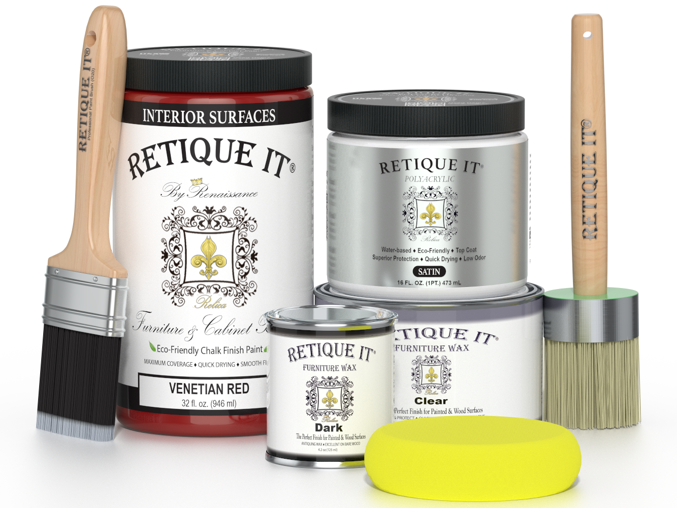 Retique It® furniture and cabinet paint in quart size, Venetian Red color, showing a painted wooden cabinet surface.
