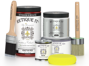 Retique It® furniture and cabinet paint in quart size, Venetian Red color, showing a painted wooden cabinet surface.