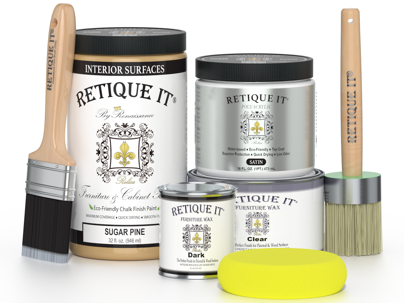 Retique It® furniture and cabinet paint in quart of Sugar Pine color, showing a smooth application on wood surface.
