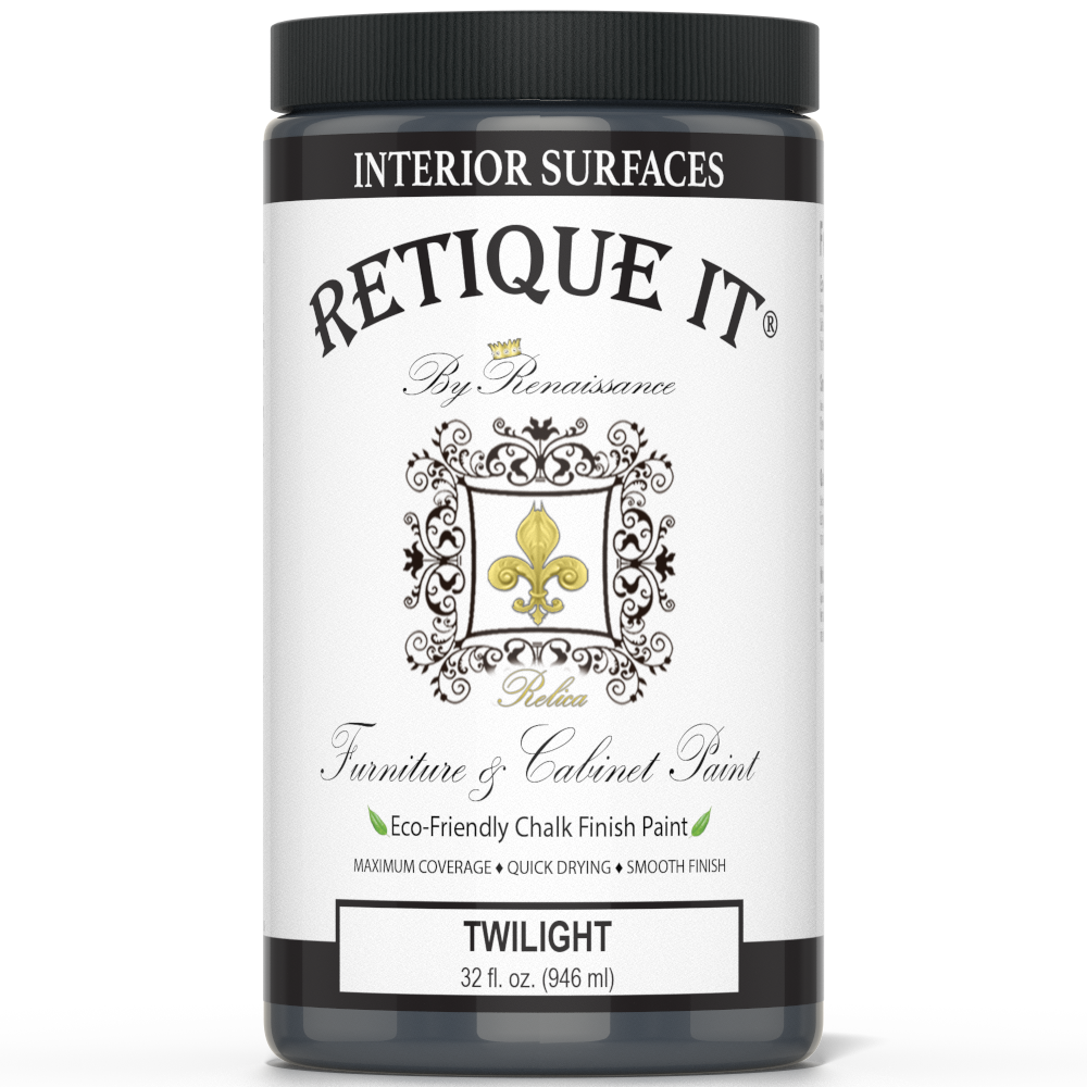 Retique It® furniture and cabinet paint in Twilight quart, showcasing smooth, even coverage on a wooden surface.