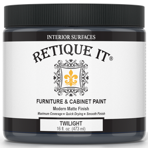 Retique It® furniture and cabinet paint in Twilight quart, showing a smooth, even coat of deep, elegant purple paint on a cabinet surface.
