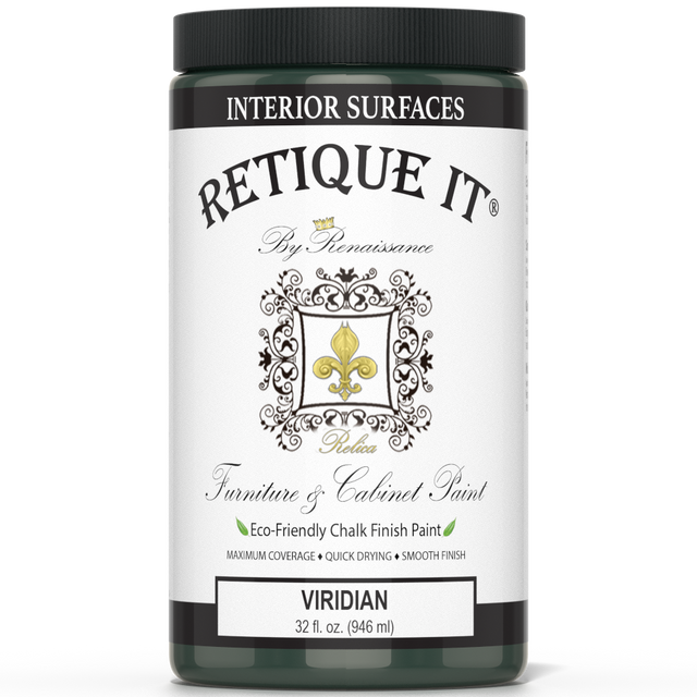 Retique It Viridian furniture and cabinet paint in a quart container, ready for furniture refinishing and cabinet painting projects.