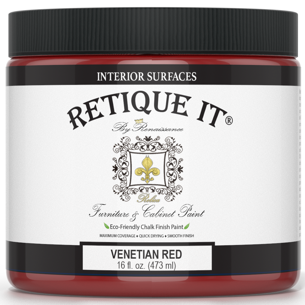 Retique It® furniture and cabinet paint in quart size with Venetian Red color, showcasing smooth, vibrant red paint on furniture surface.