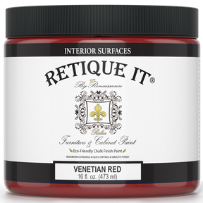 Retique It® furniture and cabinet paint in quart size with Venetian Red color, showcasing smooth, vibrant red paint on furniture surface.
