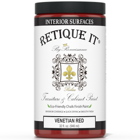 Retique It® furniture and cabinet paint in Venetian Red quart, showing a close-up of the vibrant red paint and brush strokes