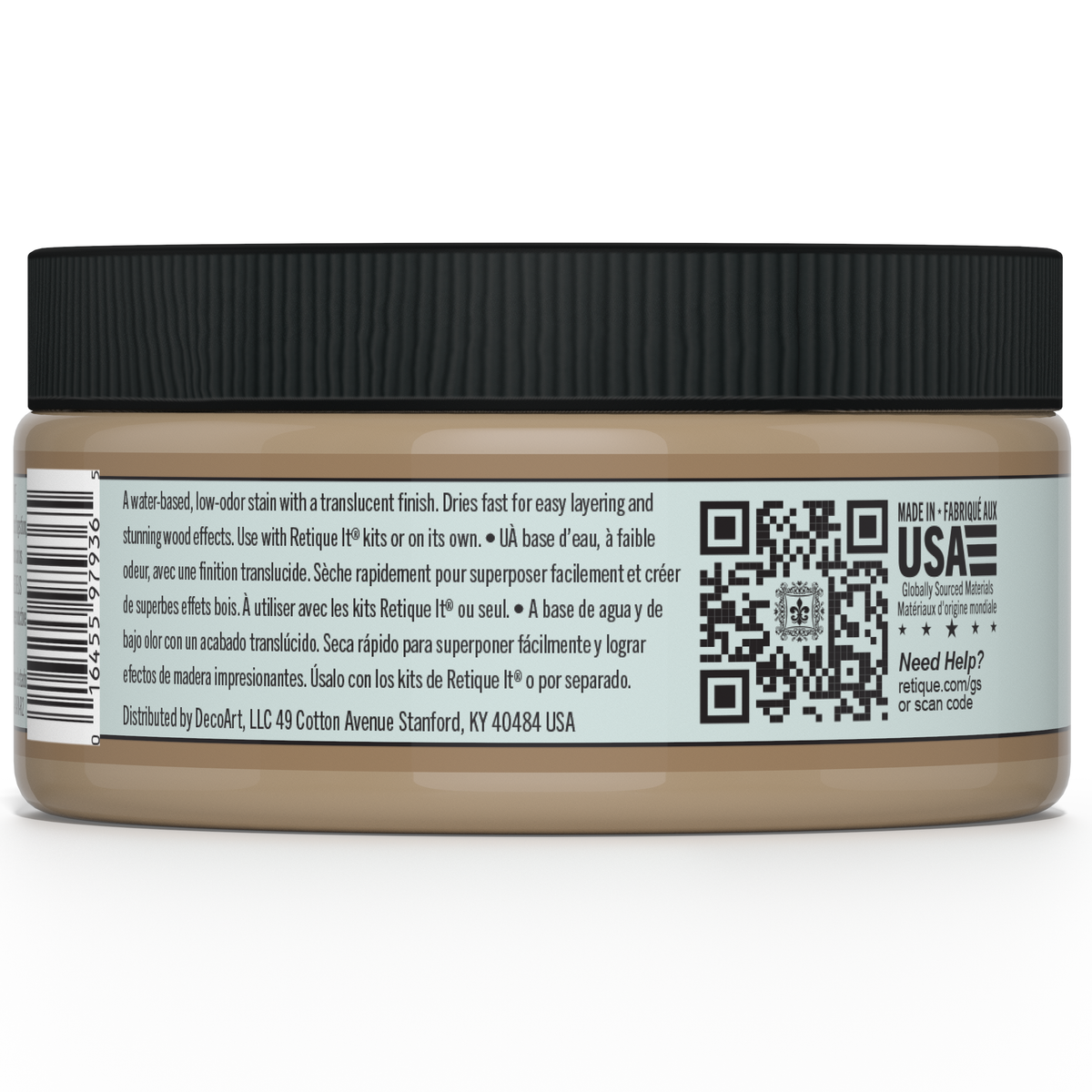 Retique It Gel Stain in Barn Wood, showing a rich, textured wood finish applied on a surface.