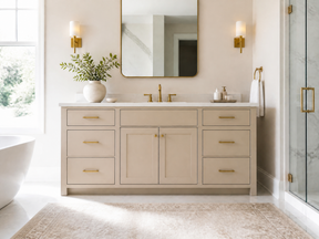 Bright modern bathroom with a warm beige vanity, white countertop, brass hardware and fixtures, large framed mirror, wall sconces, greenery, and a glass-enclosed marble shower.