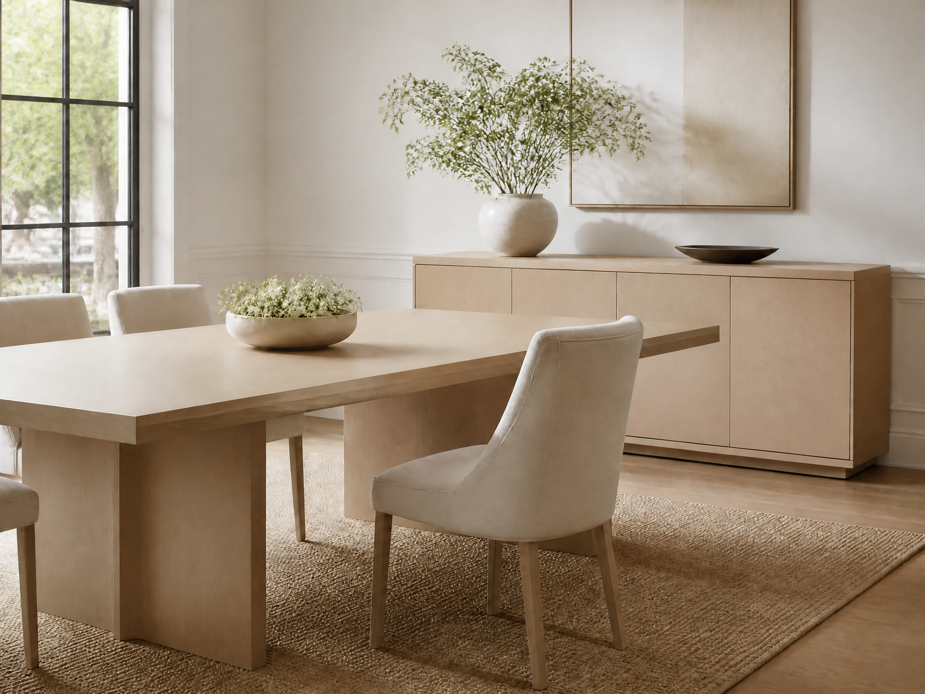 Warm neutral dining room with a light wood dining table and matching sideboard, cream upholstered chairs, woven area rug, minimalist wall art, and decorative greenery.