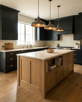 Modern kitchen with wooden island and black cabinets
