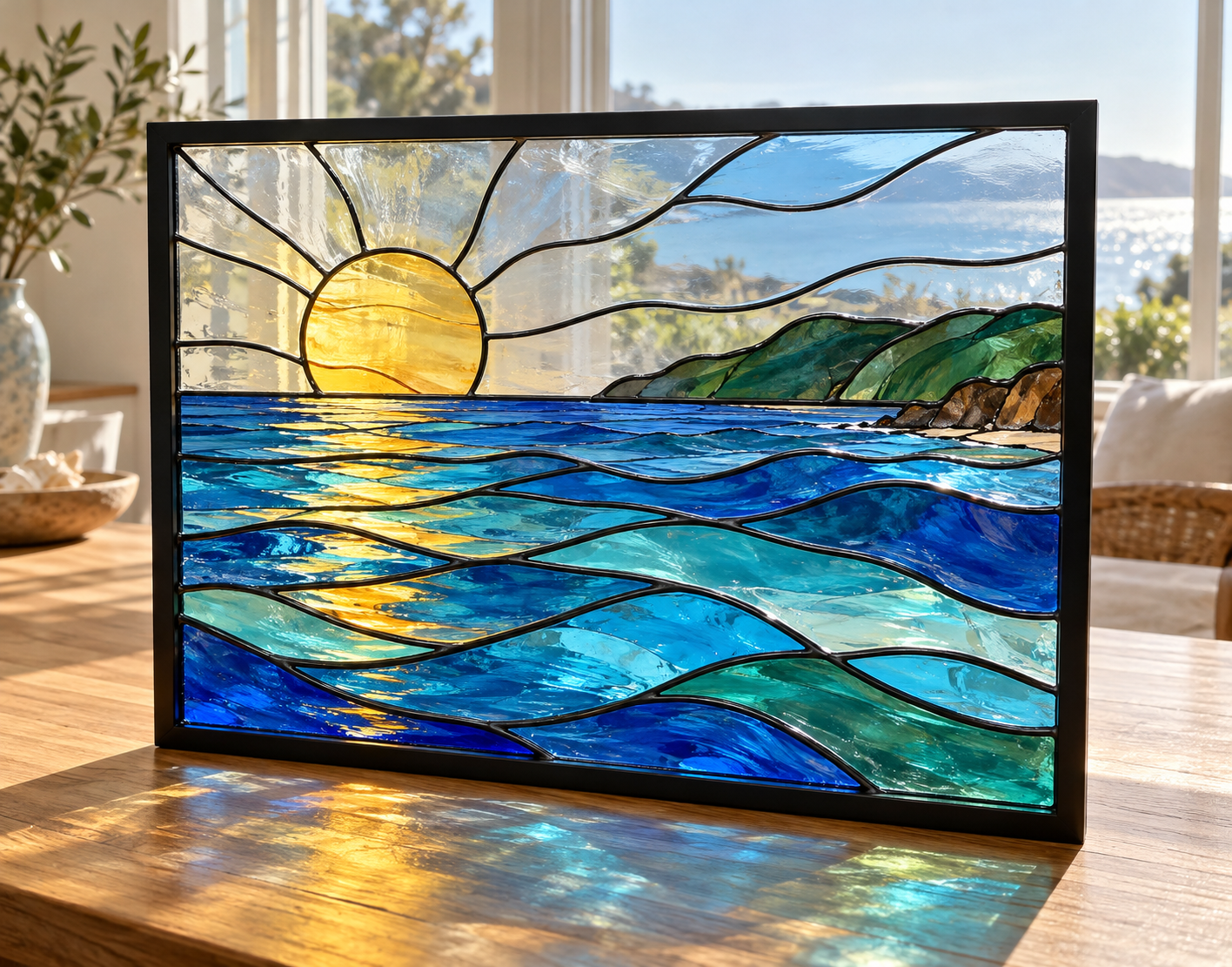 DecoArt Stained Glass Paint in red for creating a coastal sunset glass panel