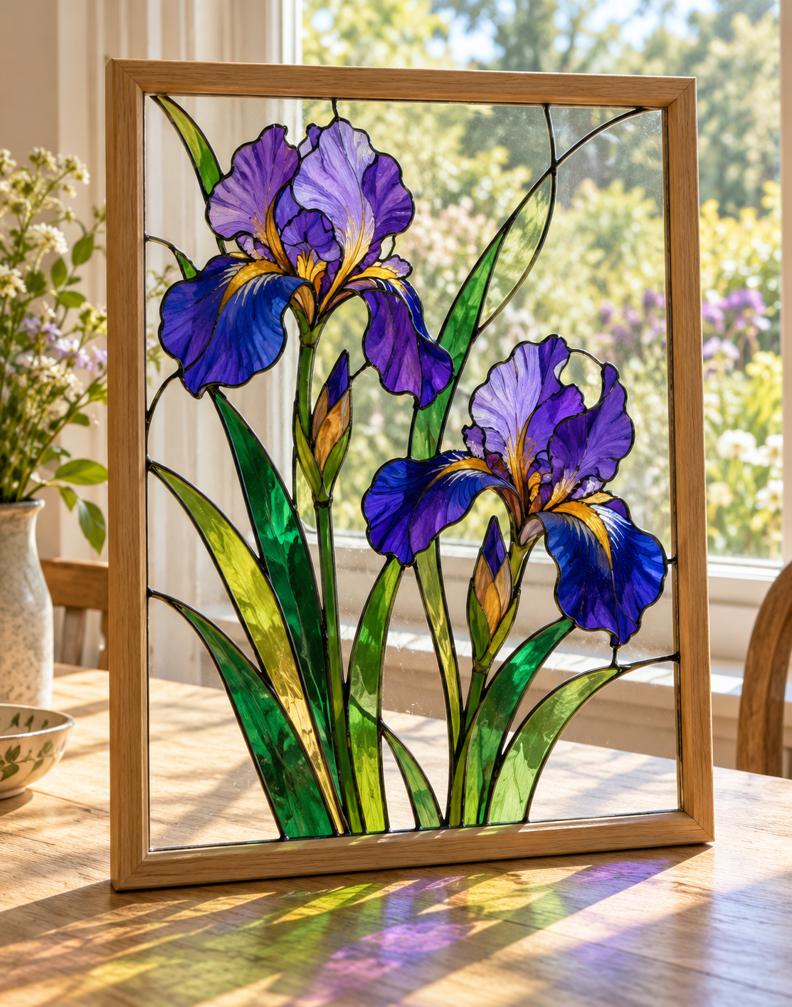 DecoArt Stained Glass Paint in red shown on a purple iris stained-glass panel