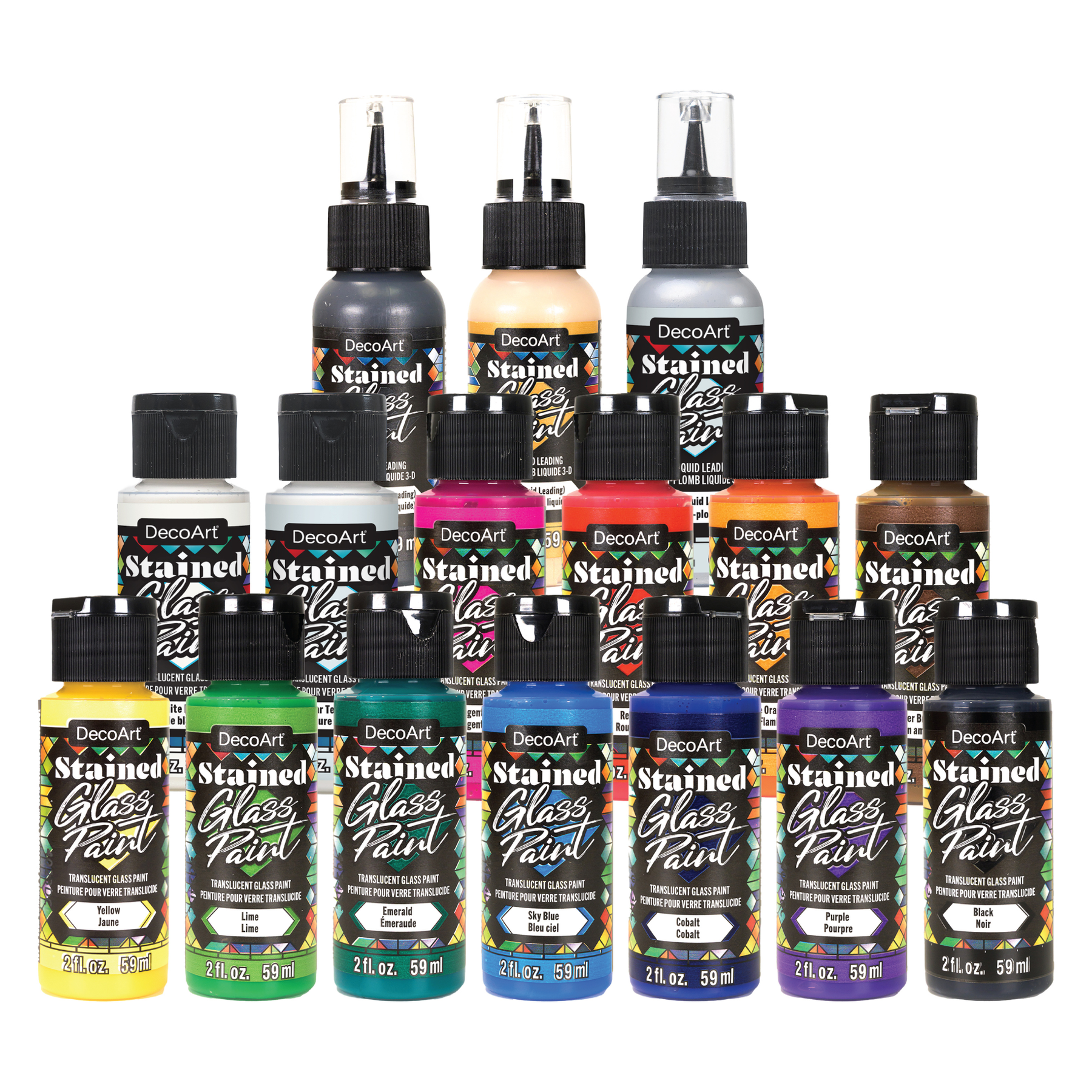 DecoArt stained glass paint complete set with various vibrant colors and tools for creating colorful stained glass artwork.