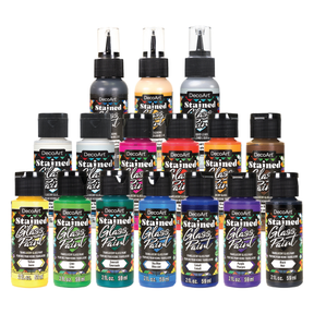 DecoArt stained glass paint complete set with various vibrant colors and tools for creating colorful stained glass artwork.
