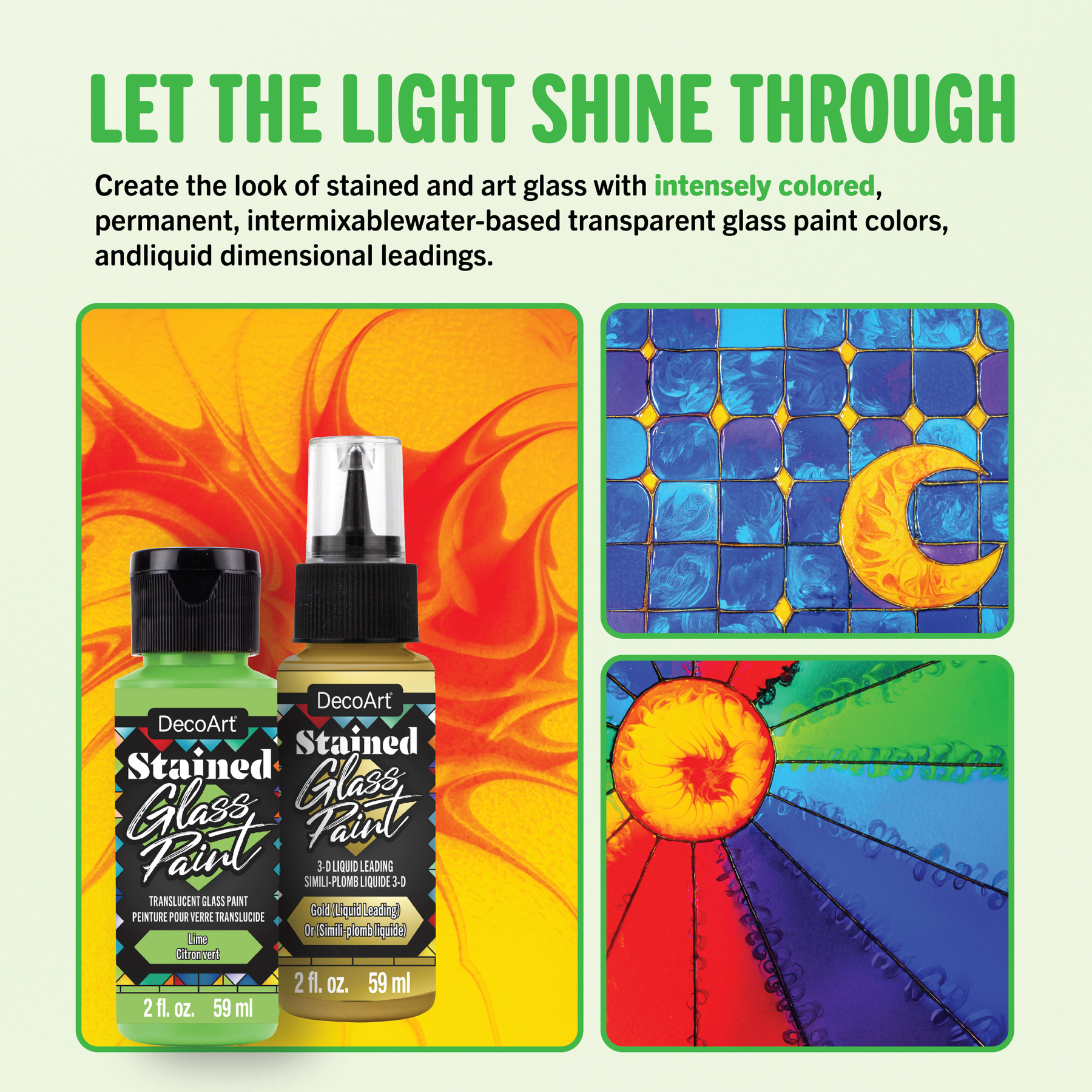 DecoArt stained glass paint complete set with vibrant colors and brushes for creating colorful stained glass art projects.