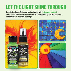 DecoArt stained glass paint set with 3-D liquid leadings, includes vibrant colors for creating stained glass art projects.