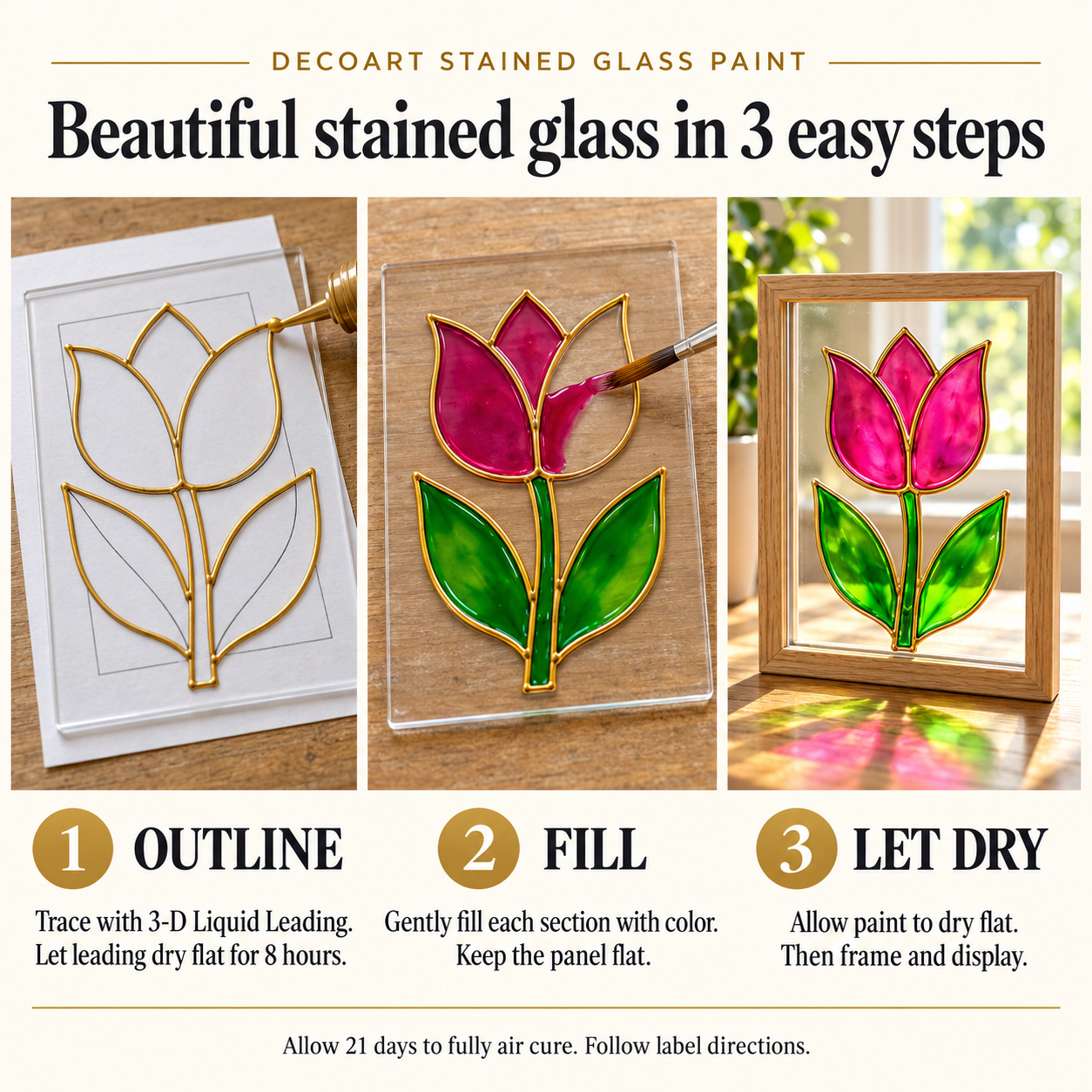 DecoArt Stained Glass Paint in Red, three-step application guide with stained glass project examples