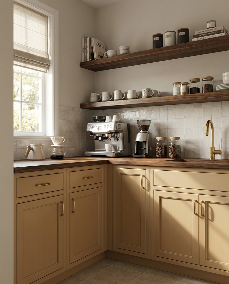 Modern kitchen with wooden shelves, coffee maker, and cabinets.