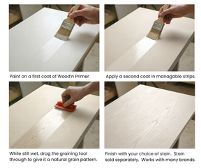 Retique It® Bleached Wood Universal Kit steps showing primer application, the red graining tool, and finished wood grain.
