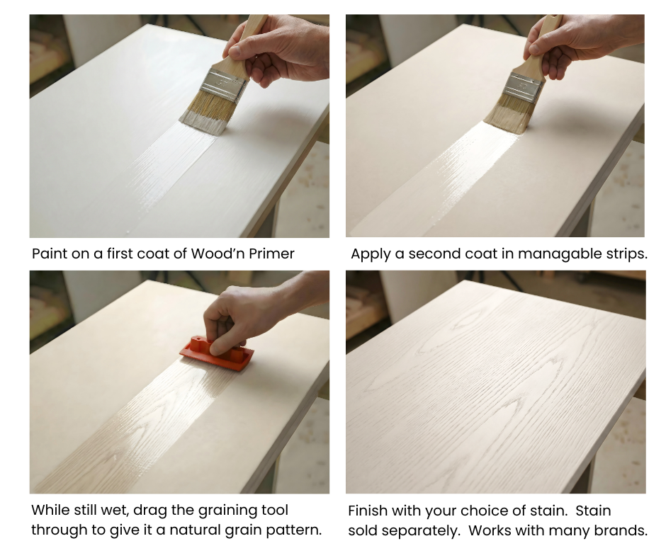 Retique It® Bleached Wood Universal Kit steps showing primer application, the red graining tool, and finished wood grain.