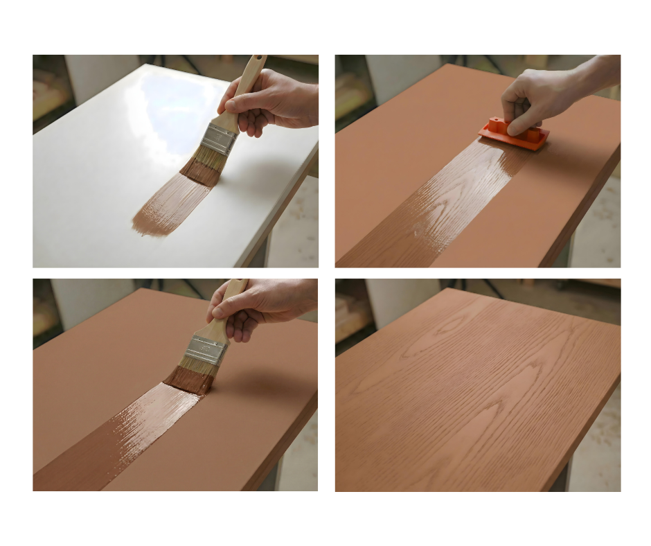 Four-panel application sequence showing primer and stain being brushed on, then grained with a red tool, ending in a warm dark wood finish.
