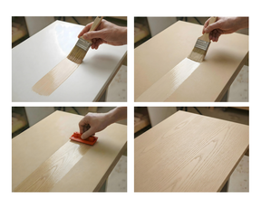 Four-panel application sequence showing a brush applying Light primer, then stain, then a red graining tool, ending with a light wood grain finish.