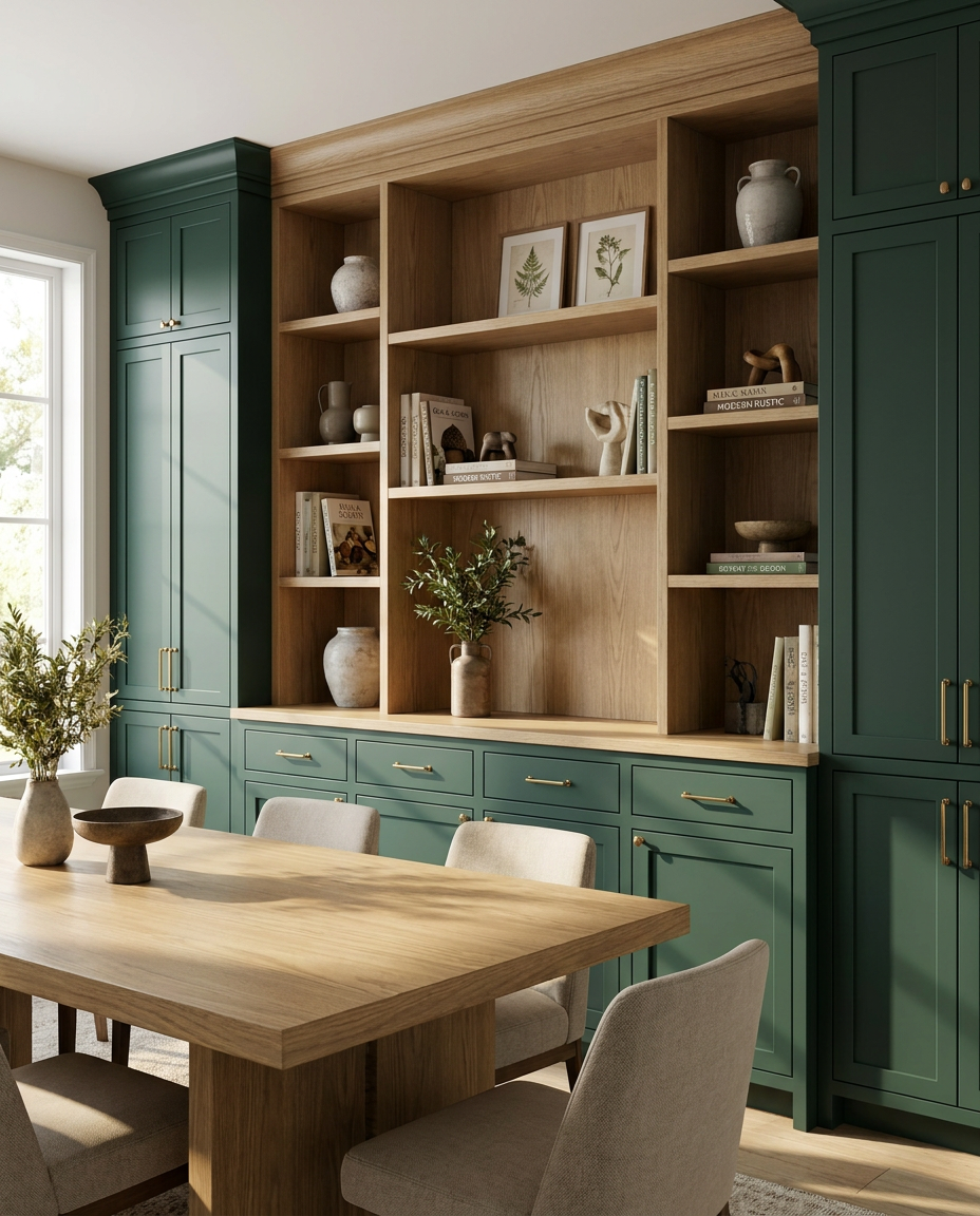Dining room with wooden table and chairs, green cabinets, and a bookshelf.