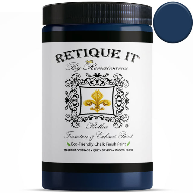 Black Indigo furniture and cabinet paint in a quart container from Retique It, featuring a smooth, painted surface sample.